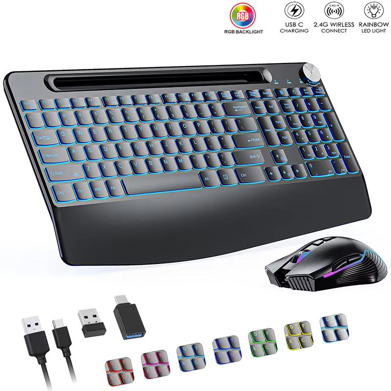 Gaming Keyboard Ergonomics - 2.4G&Type-C draadloze toetsenbord-muiscombinatie met polssteun, RGB-achtergrondverlichting,